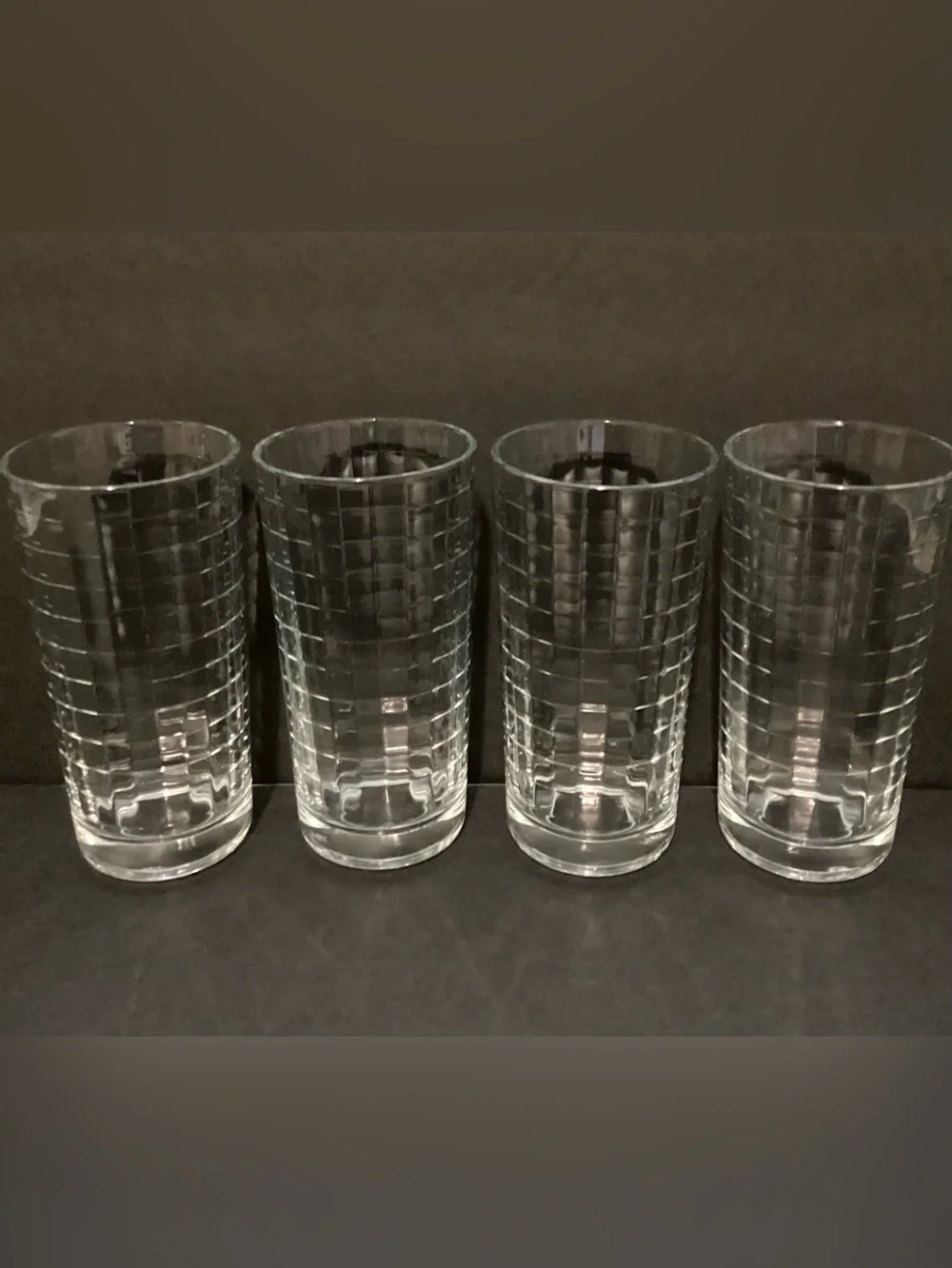 Vintage Set of 4 Barware Window Pane Grid/Block Optic Highball Glasses 8oz.